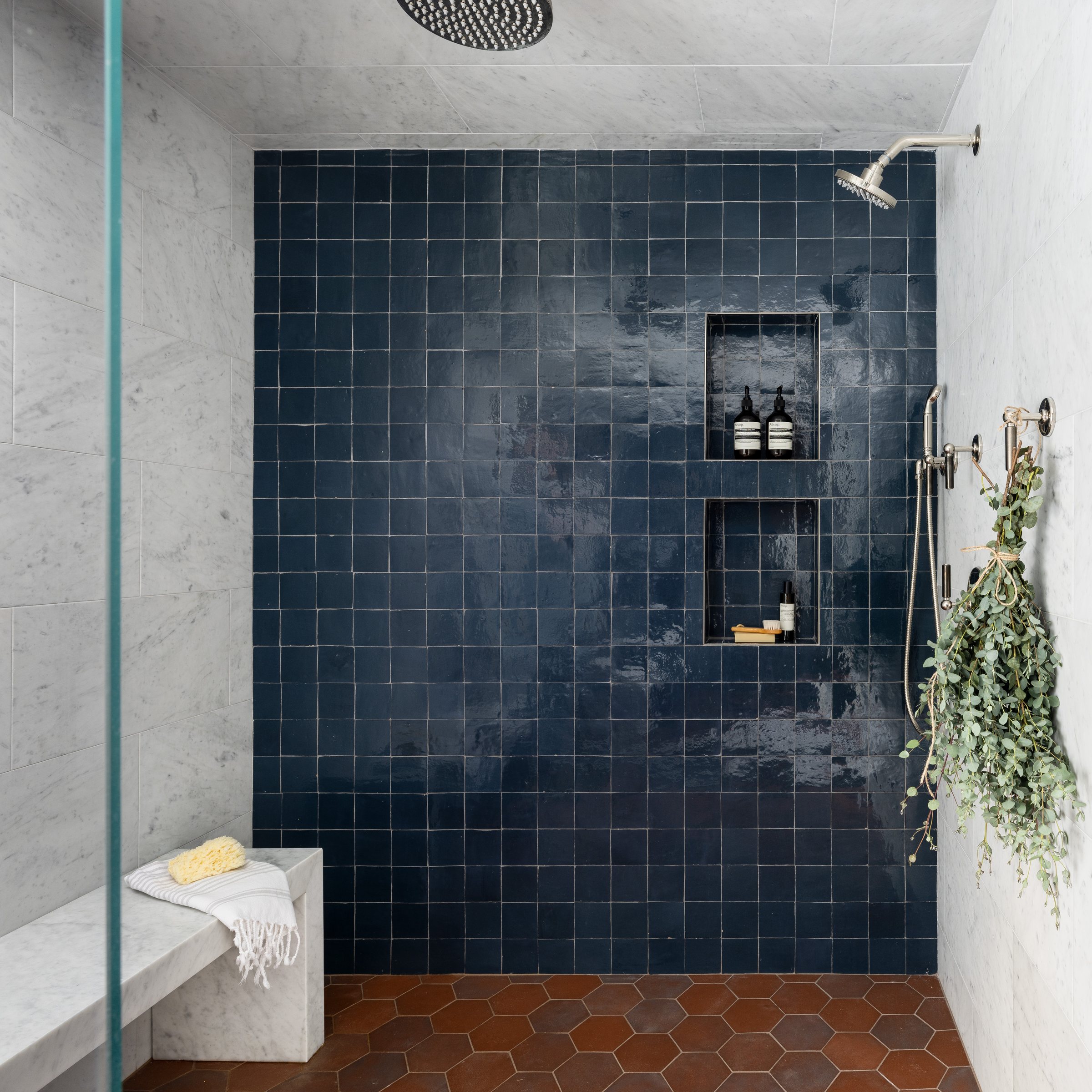 Blue-tile shower niche, built by Mosher Dolan
