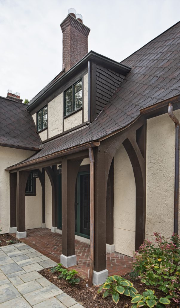Exterior at the English Tudor renovation