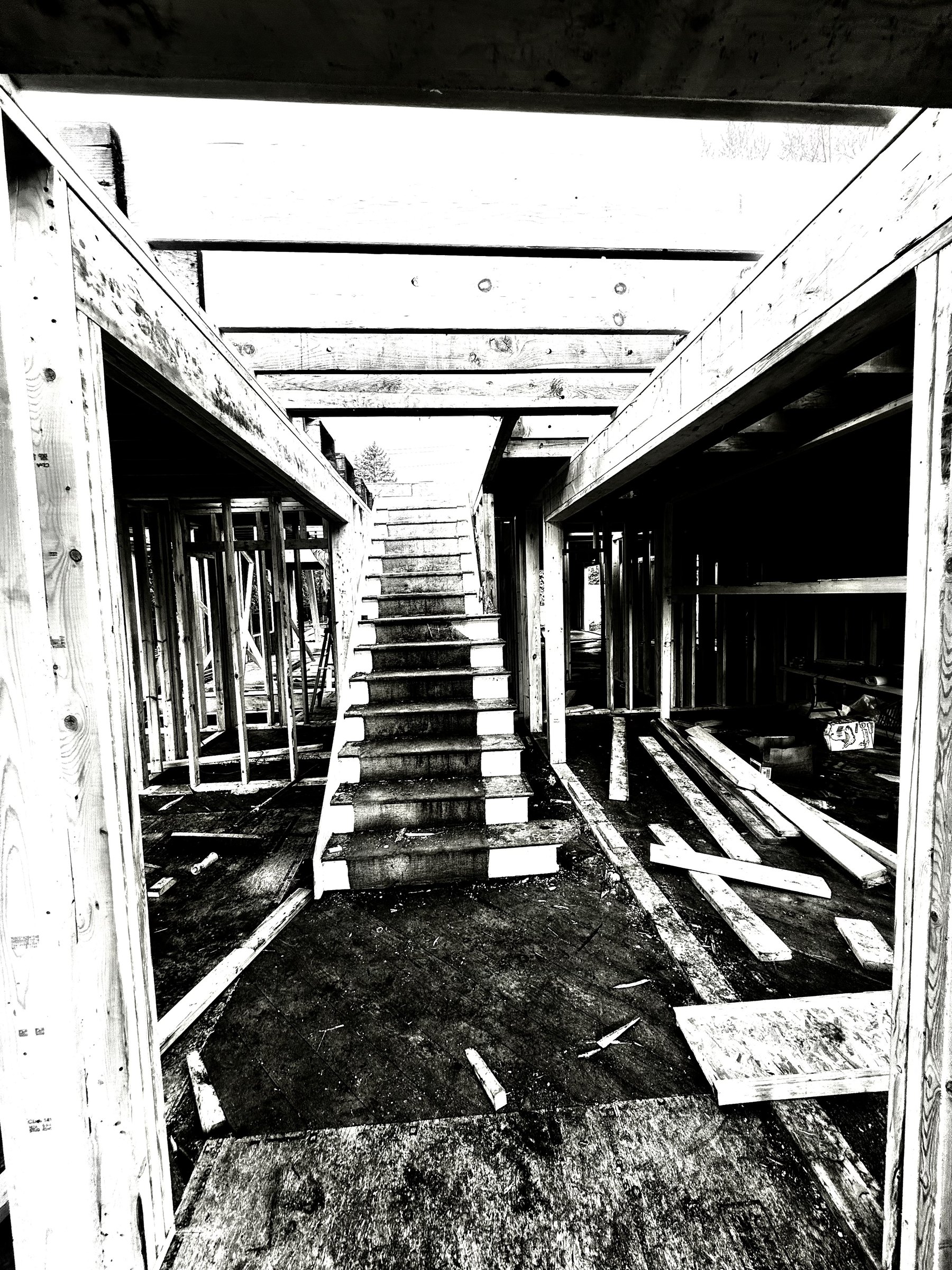 Stair and floor joists opened up during demolition, in black and white
